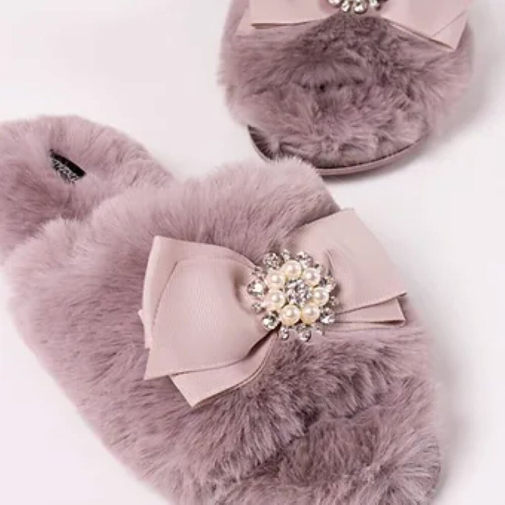 Embellished Faux Fur Slippers